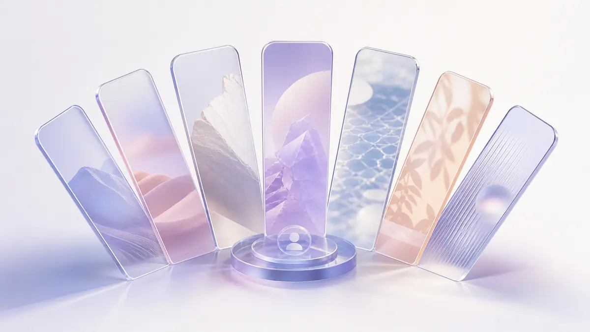 A fan of glass phone panels arranged around a small profile disc