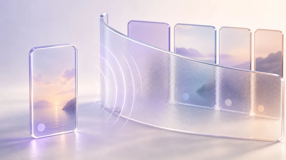 A glass phone card facing a curved frosted screen, with signal arcs between them
