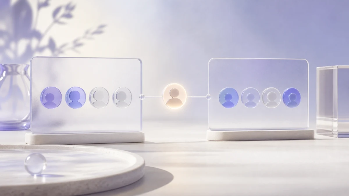 Two glass panels of profile chips joined through a single glowing profile node