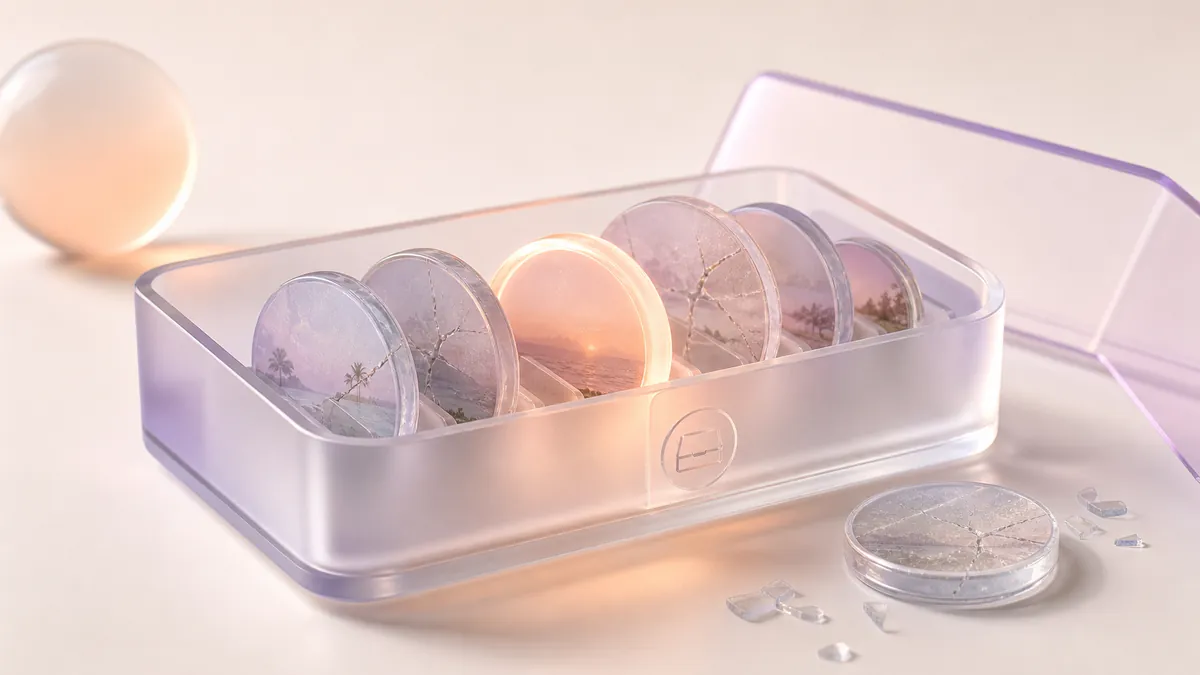 A frosted box holding round photo discs, one of them glowing, with the lid set ajar