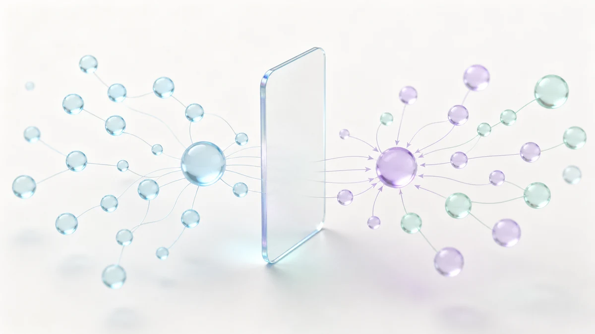 Two clusters of coloured spheres linked through a central glass panel