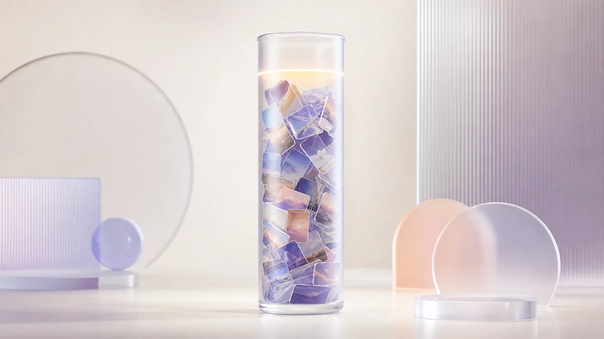 A tall glass cylinder filled with small photo cards