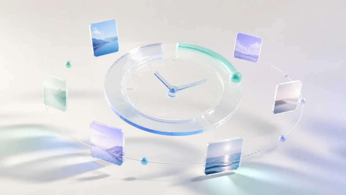A glass clock with photo tiles orbiting it on a thin ring