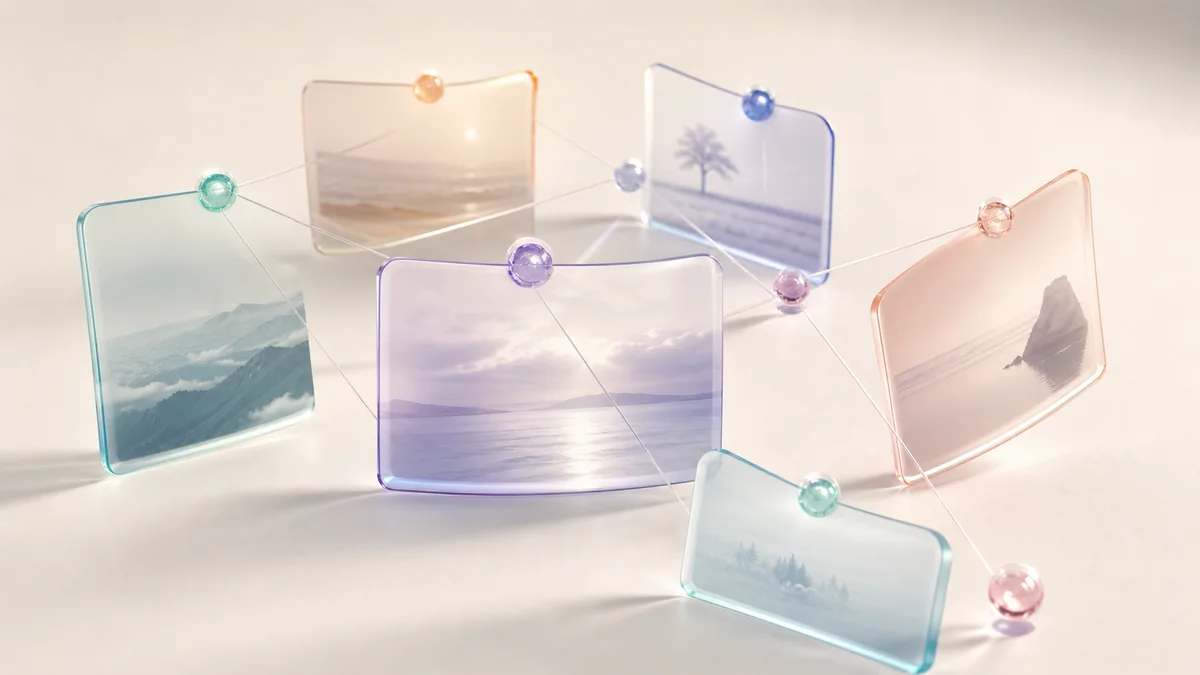 Curved glass photo panels scattered on a surface, linked by fine threads and coloured beads