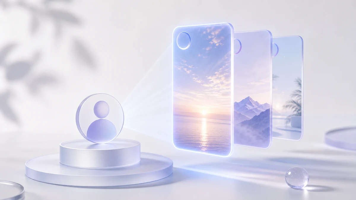 Three glowing glass phone cards projected out of a profile disc on a podium