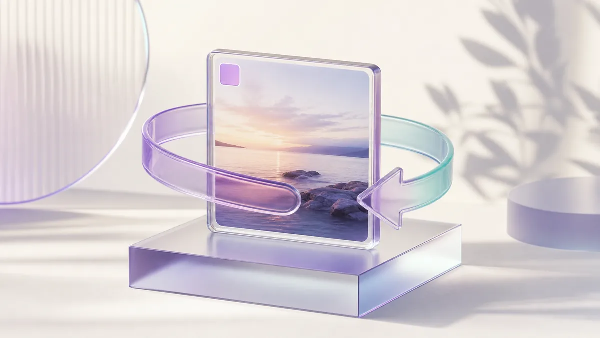 A glass photo card on a plinth, encircled by a looping arrow ribbon