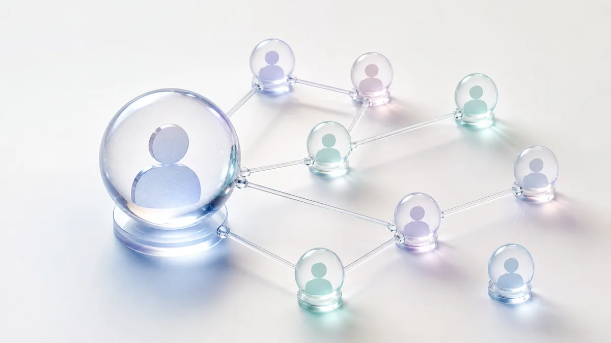 A large glass sphere holding a profile icon, linked to a network of smaller profile spheres