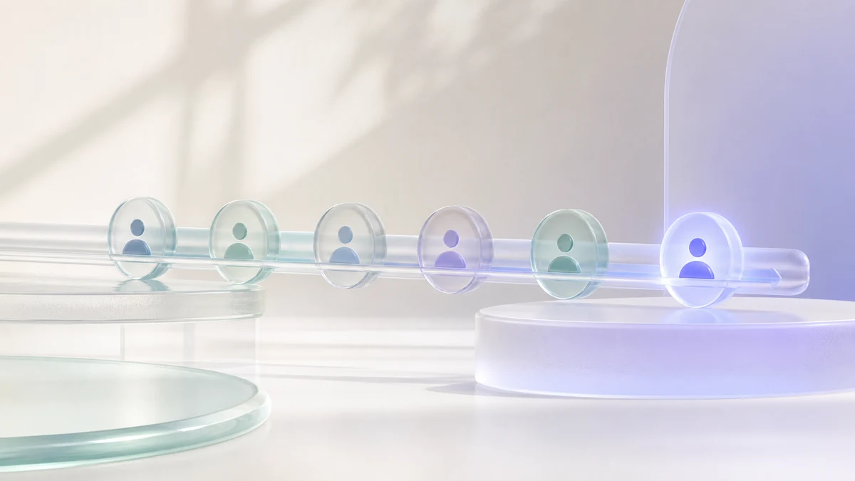 Profile discs threaded along a glass rail, the last one glowing at the end