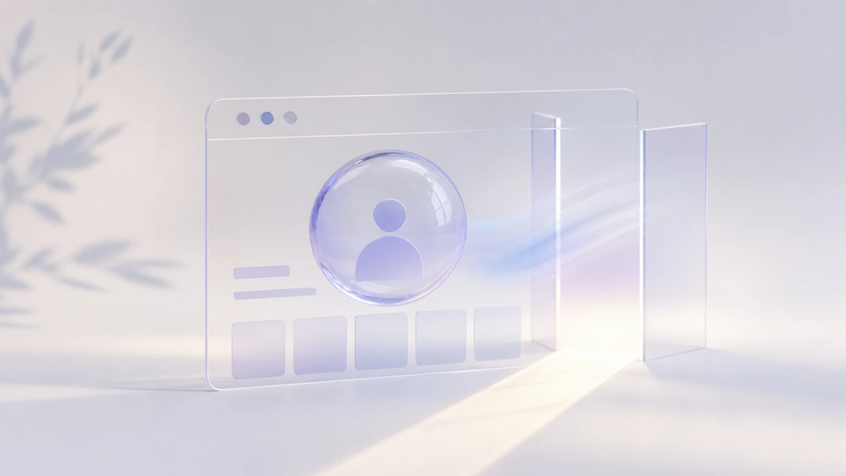 A glass browser window with a large profile bubble, thumbnails below and open panels to the side