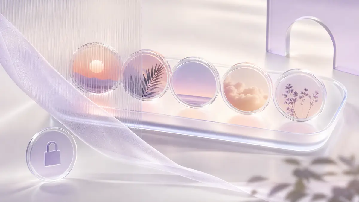 Round photo discs lined up in a glass tray, with a padlock disc resting alongside