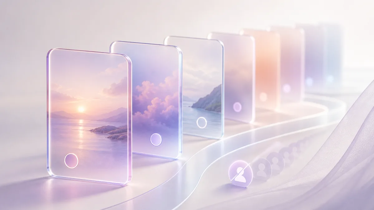 A curving row of glass story cards showing landscapes, with small profile markers on a rail