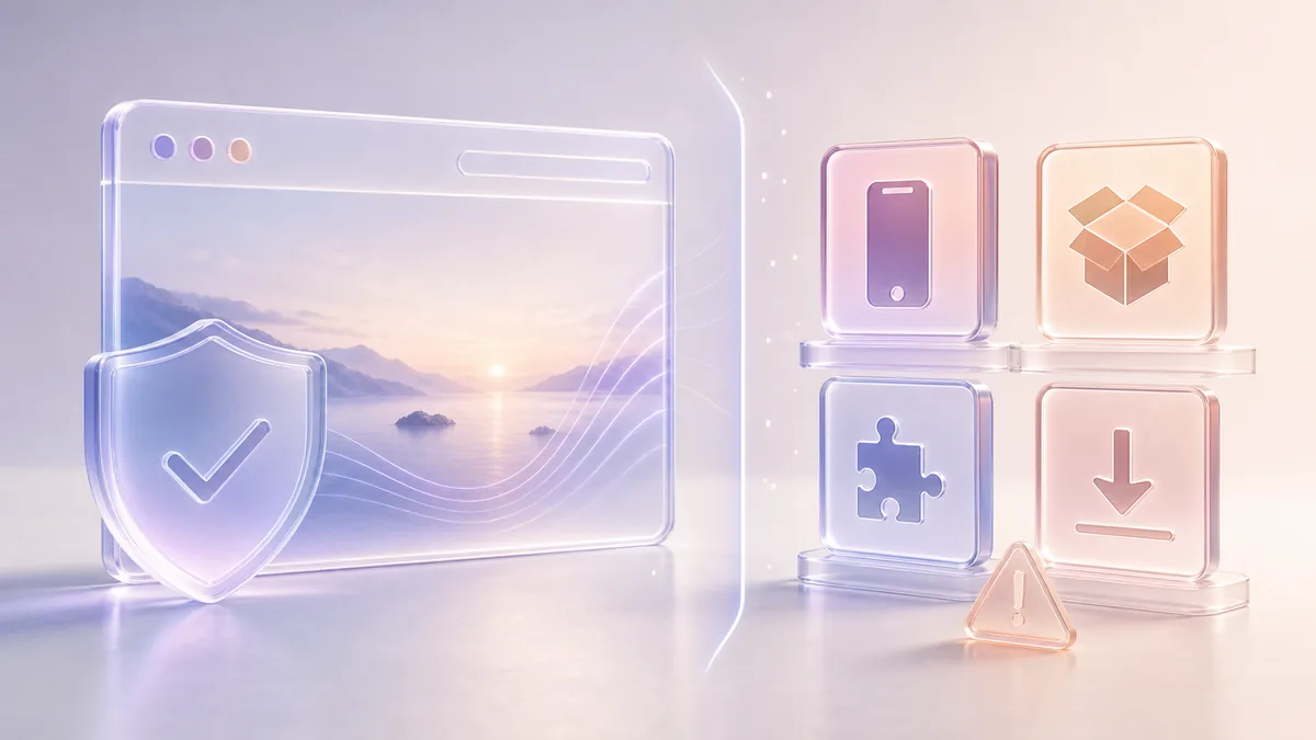 A glass browser window behind a shield and checkmark, beside tiles for a phone, a box, a puzzle piece and a download arrow