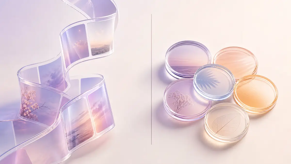A spiralling glass film strip of photos beside stacked round photo discs