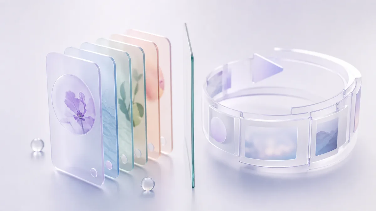 A stack of glass story cards beside a looping film ring