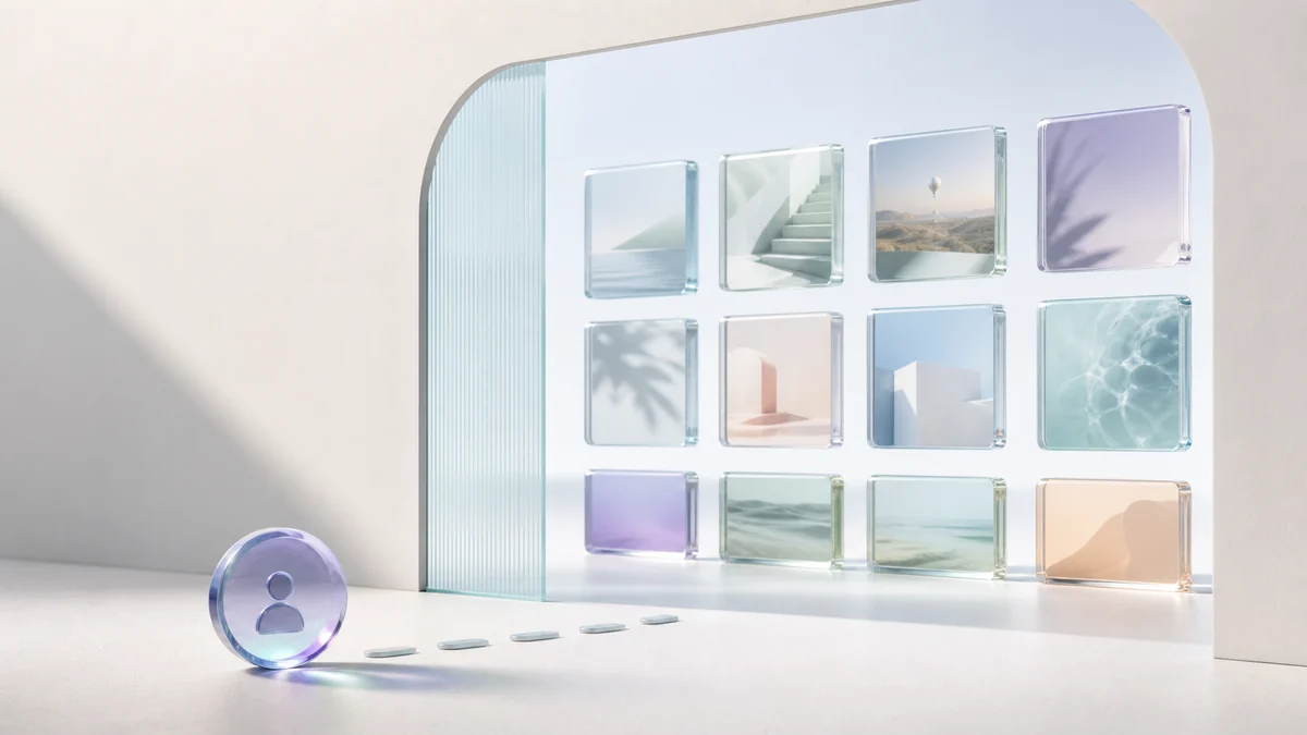 A wall of glass photo tiles in a grid, with a profile disc on the floor and a dotted trail leading to it