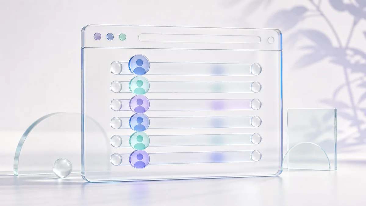A glass browser window listing rows of coloured profile circles