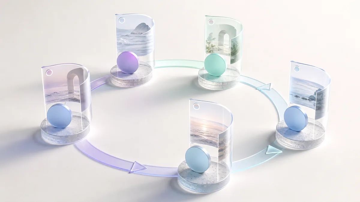 Five glass story stands arranged in a circle and joined by arrows