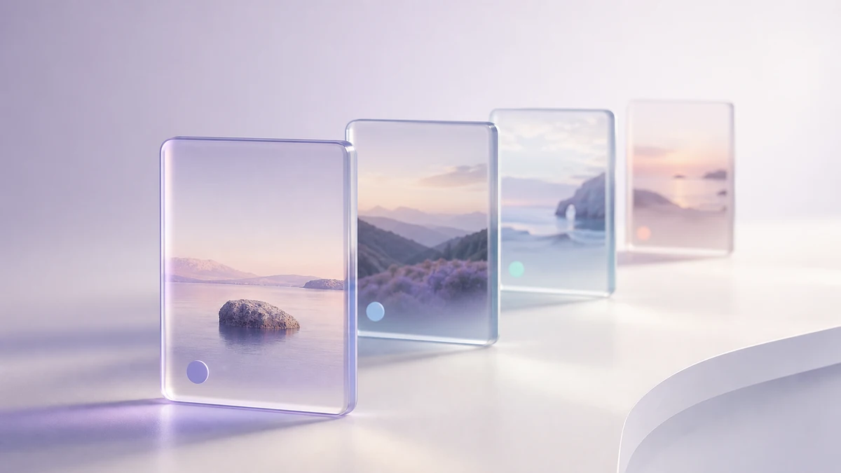 A row of glass photo panels receding into soft light