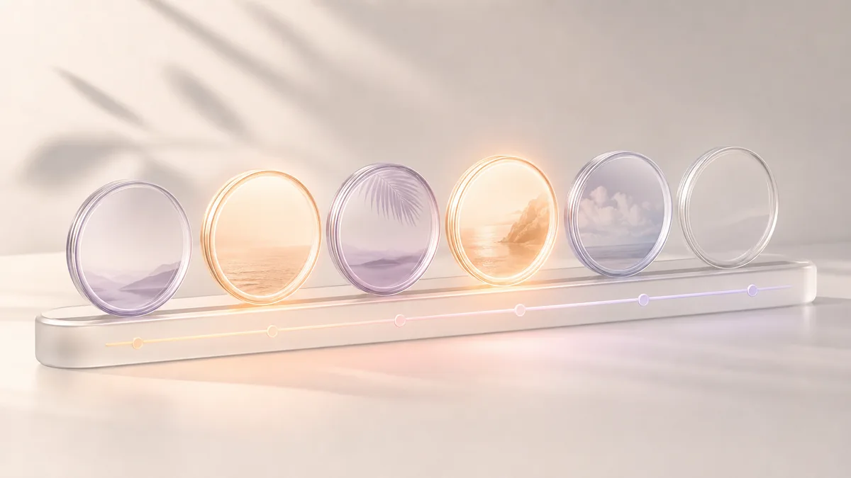 Round photo lenses standing along a glass rail, two of them glowing