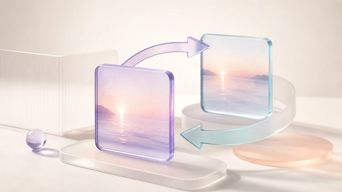 A glass photo tile copied to a second tile, with arrows curving between them