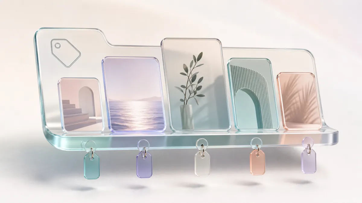 A glass shelf of framed photos with small tags hanging beneath it