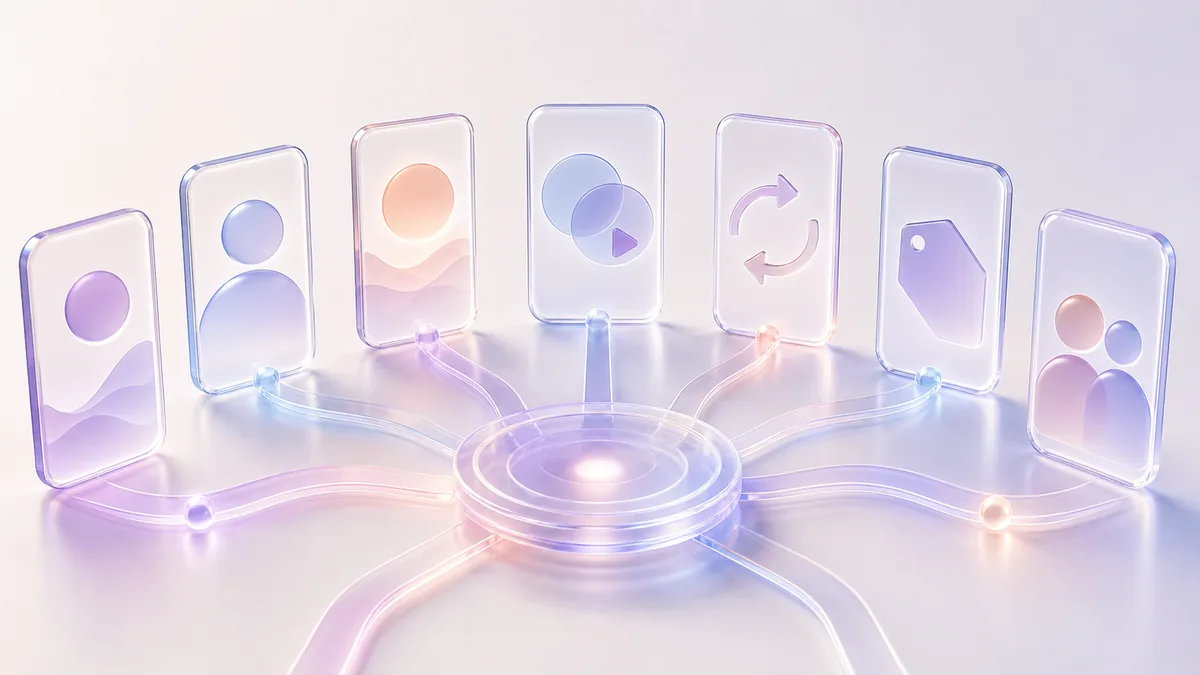 Seven glass cards on light ribbons radiating from a glowing central disc