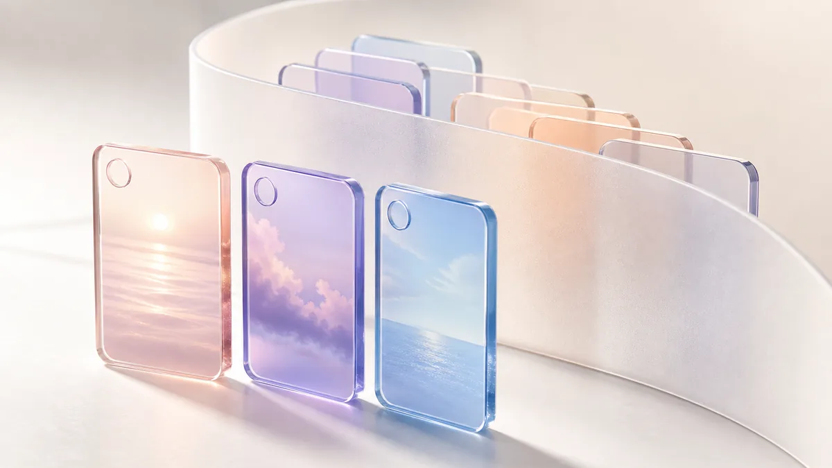 Glass story cards standing in front of a curving frosted wall