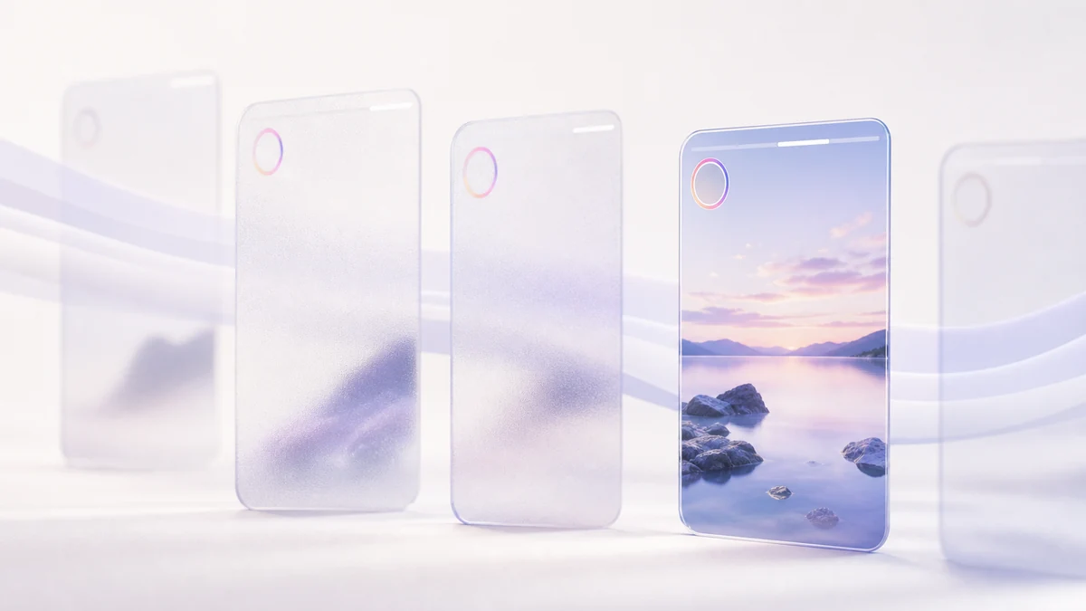 A row of glass phone panels, one showing a landscape while the rest stay frosted